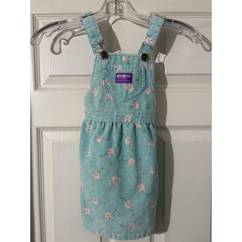 Vintage Girls Sz 4 OshKosh B'gosh Skiing Bunny Overalls Jumper Dress USA Blue